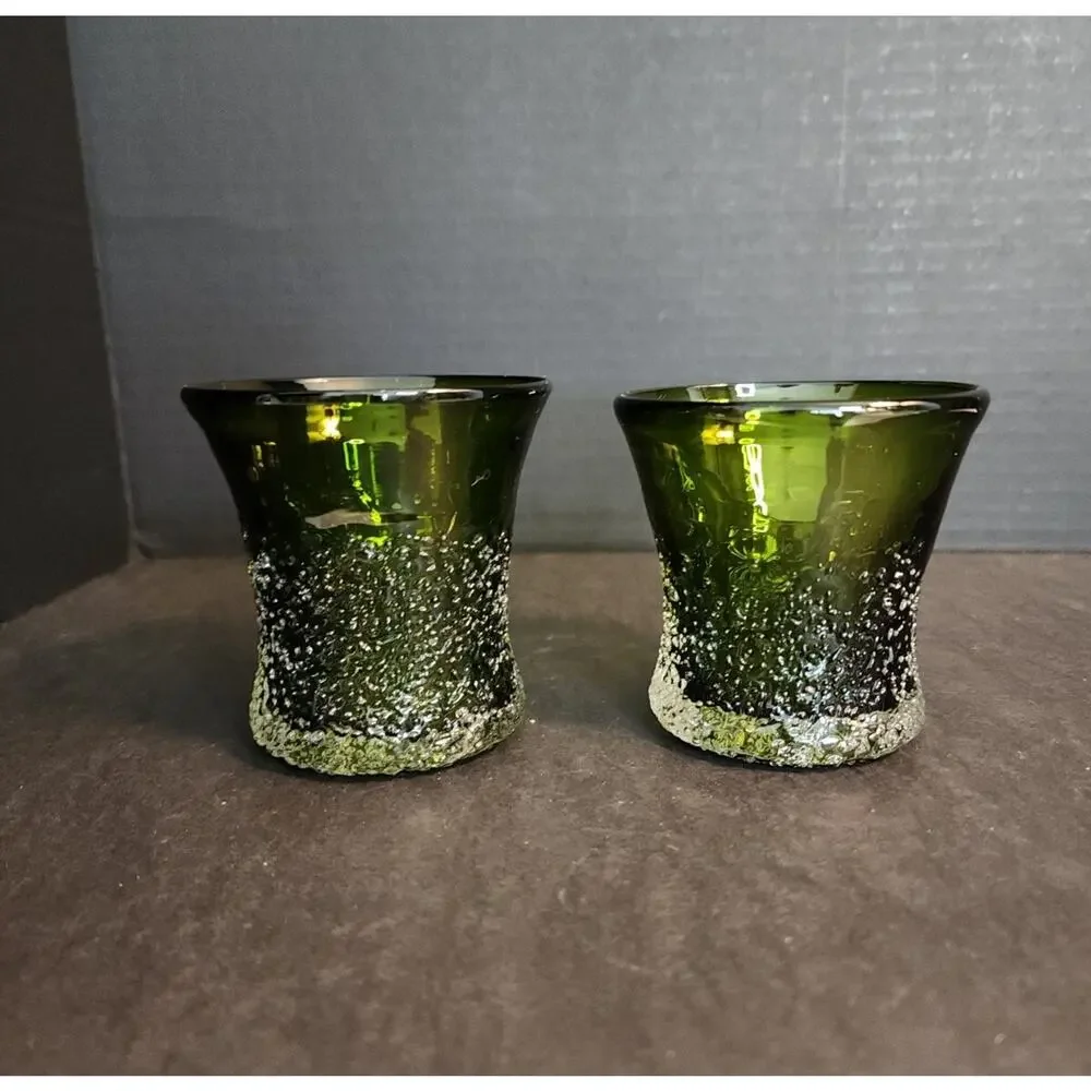 Hand Blow Art Glass Frit Overshot Green 2 Votive Candle Holders, Vases, Juice